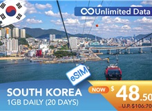 SOUTH KOREA 20 DAYS E-SIM UNLIMITED DATA 1GB HIGH SPEED DAILY