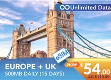 EUROPE + UK 15 DAYS E-SIM UNLIMITED DATA 500MB HIGH SPEED DAILY