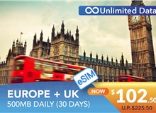 EUROPE + UK 30 DAYS E-SIM UNLIMITED DATA 500MB HIGH SPEED DAILY