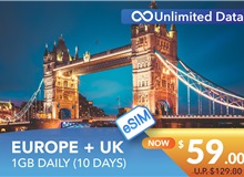 EUROPE + UK 10 DAYS E-SIM UNLIMITED DATA 1GB HIGH SPEED DAILY