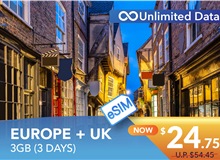 EUROPE + UK 3 DAYS E-SIM UNLIMITED DATA 3GB HIGH SPEED