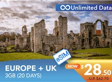 EUROPE + UK 20 DAYS E-SIM UNLIMITED DATA 3GB HIGH SPEED