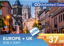 EUROPE + UK 1 DAY E-SIM UNLIMITED DATA 5GB HIGH SPEED