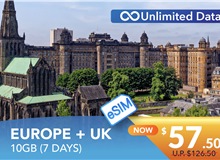 EUROPE + UK 7 DAYS E-SIM UNLIMITED DATA 10GB HIGH SPEED