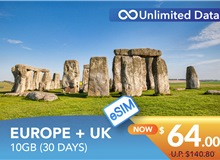 EUROPE + UK 30 DAYS E-SIM UNLIMITED DATA 10GB HIGH SPEED