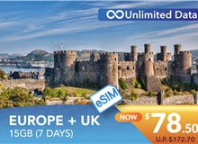 EUROPE + UK 7 DAYS E-SIM UNLIMITED DATA 15GB HIGH SPEED