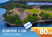 EUROPE + UK 10 DAYS E-SIM UNLIMITED DATA 15GB HIGH SPEED