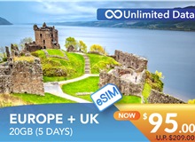 EUROPE + UK 5 DAYS E-SIM UNLIMITED DATA 20GB HIGH SPEED