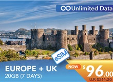 EUROPE + UK 7 DAYS E-SIM UNLIMITED DATA 20GB HIGH SPEED