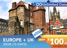 EUROPE + UK 15 DAYS E-SIM UNLIMITED DATA 20GB HIGH SPEED