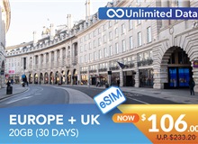 EUROPE + UK 30 DAYS E-SIM UNLIMITED DATA 20GB HIGH SPEED