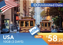 USA 3 DAYS E-SIM UNLIMITED DATA 10GB HIGH SPEED