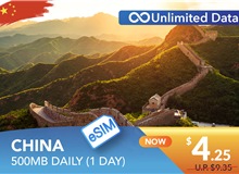 CHINA 1 DAY E-SIM UNLIMITED DATA 500MB HIGH SPEED DAILY